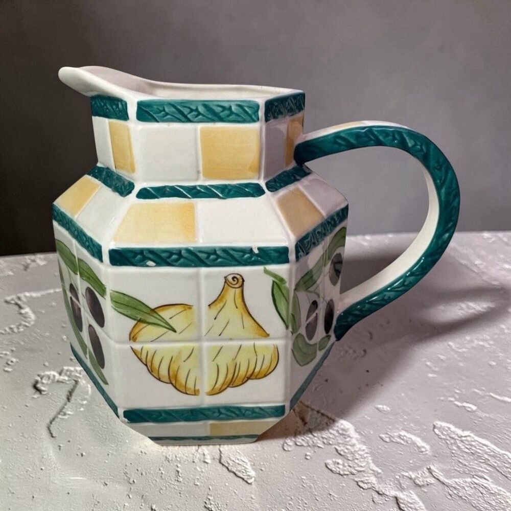 Vintage Clay Art San Francisco Olive Garlic Ceramic Pitcher Hexagon AS IS Rare